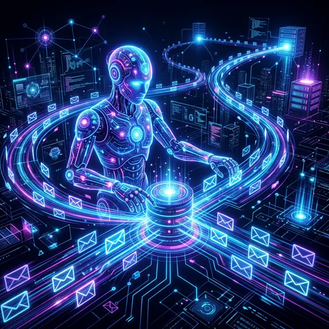 A glowing digital brain organizing multiple email streams