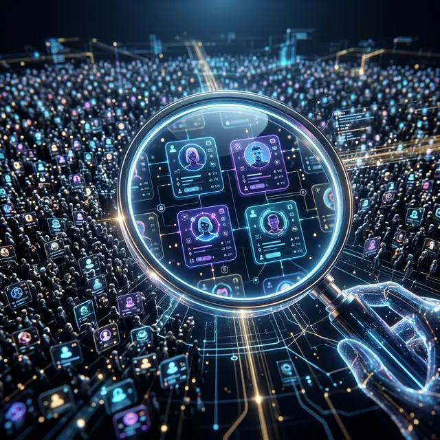 A magnifying glass focusing on individual user profiles amidst a massive digital schematic