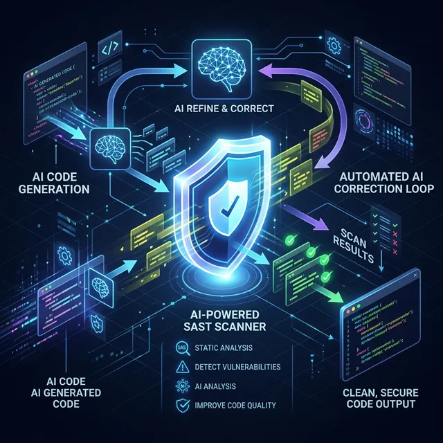 A sleek 16:9 dark-mode conceptual infographic visualizing a secure coding pipeline with AI.